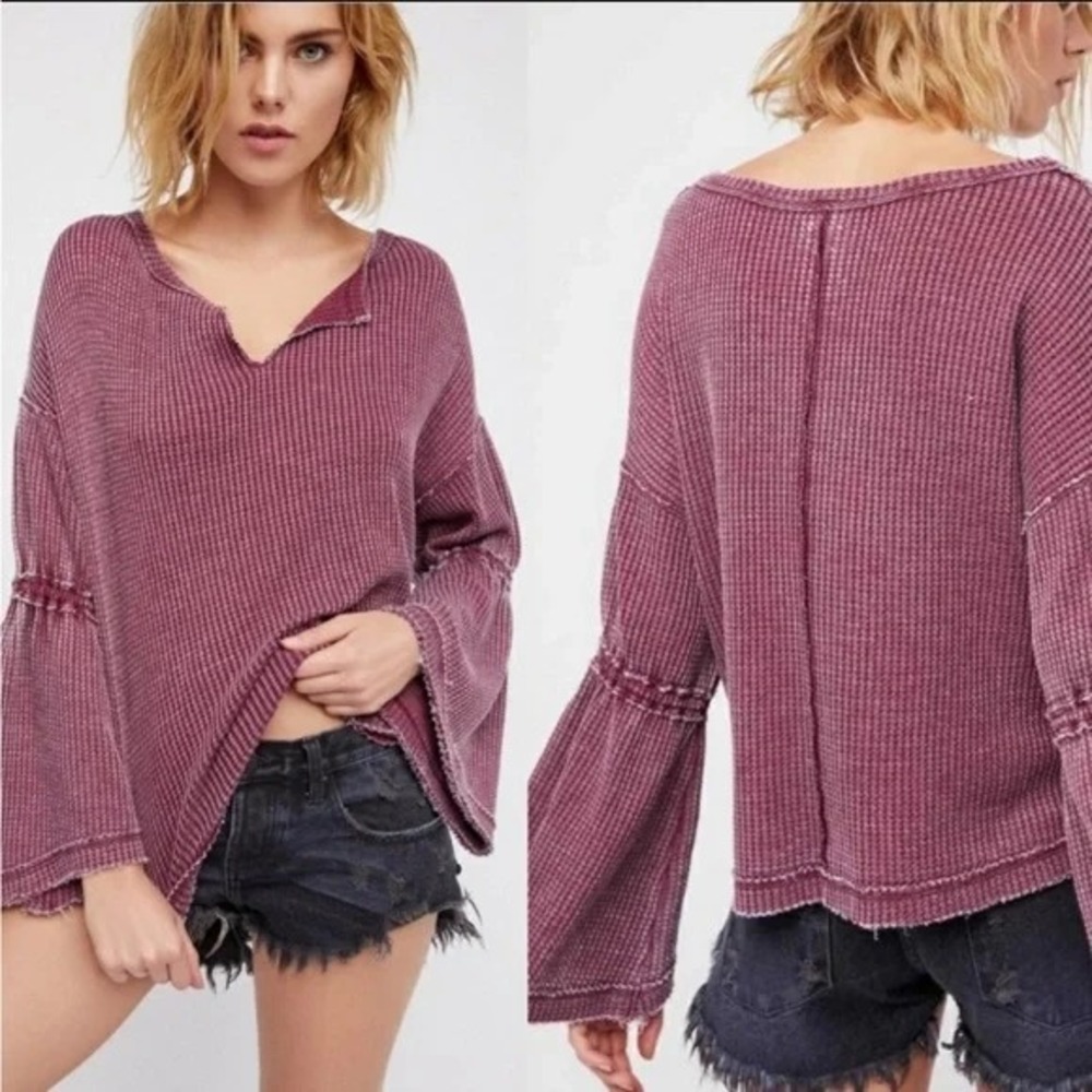 FREE PEOPLE WE THE FREE Dahlia Thermal Waffle Bell Sleeve Burnout Top In Wine M